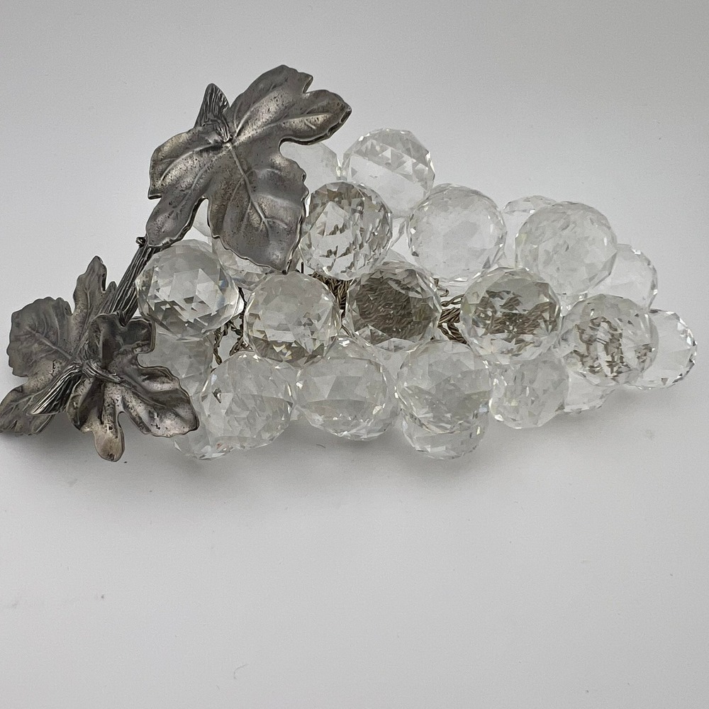 Vintage Style Clear Faceted Grape Cluster with Silver Tone Leaves 7 Inch